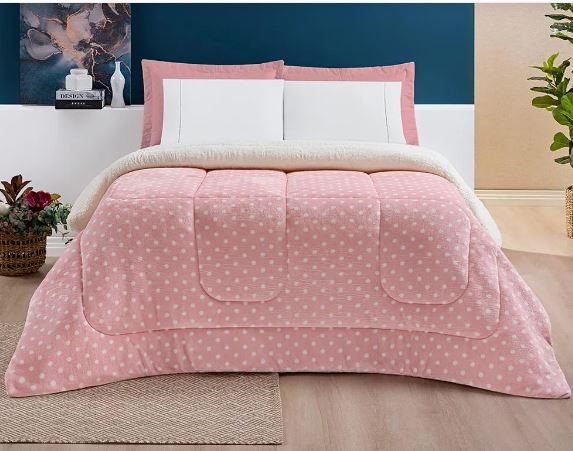 Coberdrom Petit Poá Sherpa Edredom Dupla Face Cobertor Manta Felpuda Cama Casal Queen Estampado Rosa