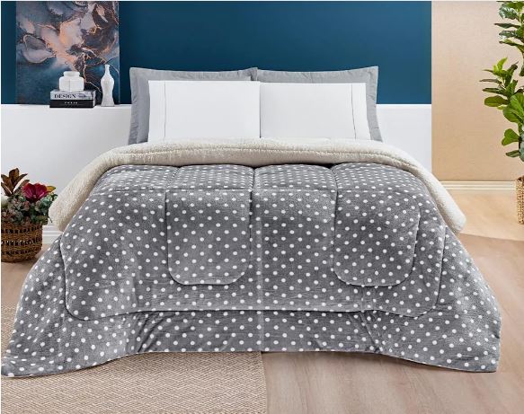 Coberdrom Petit Poá Sherpa Edredom Dupla Face Cobertor Manta Felpuda Cama Casal Queen Estampado Cinza