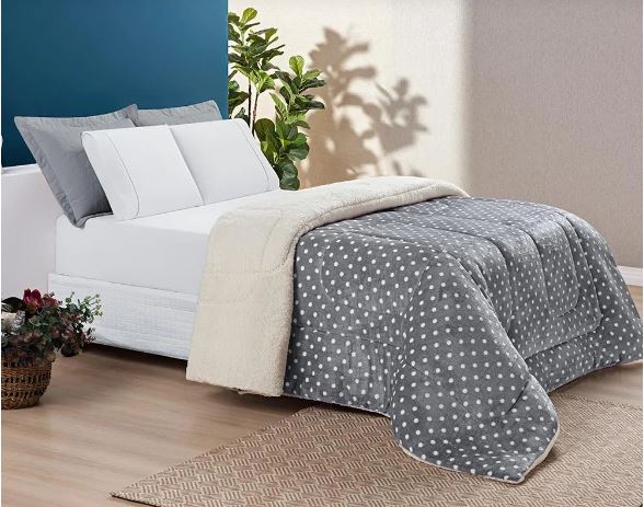 Coberdrom Petit Poá Sherpa Edredom Dupla Face Cobertor Manta Felpuda Cama Casal Queen Estampado Cinza