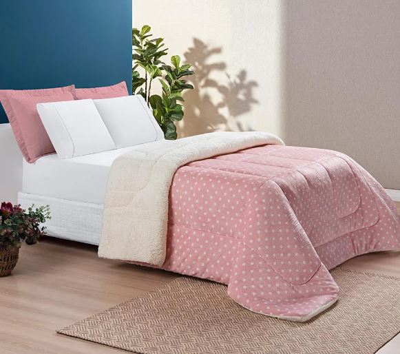 Coberdrom Petit Poá Sherpa Edredom Dupla Face Cobertor Manta Felpuda Cama Casal Queen Estampado Rosa