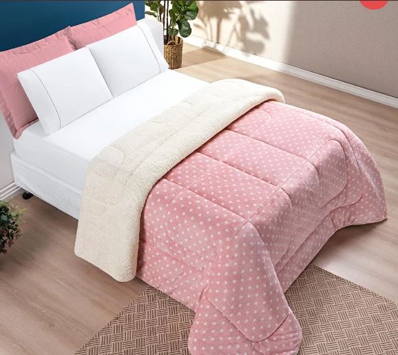 Coberdrom Petit Poá Sherpa Edredom Dupla Face Cobertor Manta Felpuda Cama Casal Queen Estampado Rosa