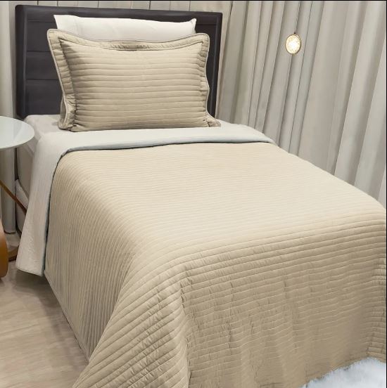 Cobre Leito Dual Percal 300 Fios Matelassê Costurado Dupla Face Solteiro 02 Peças - Bege