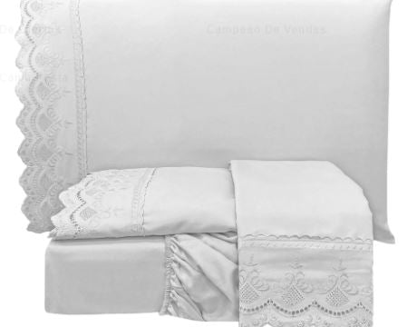 Jogo Cama Percal 300 Fios Bordado Inglês Loren Queen 04 Peças - Esmeralda