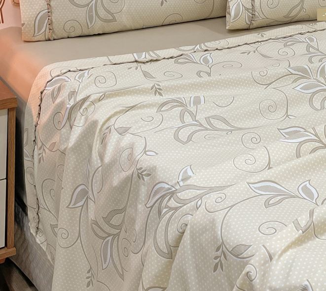 Jogo Cama Queen Percal 300 Fios Toque Macio Confort Estampa 04 Peças - Creme