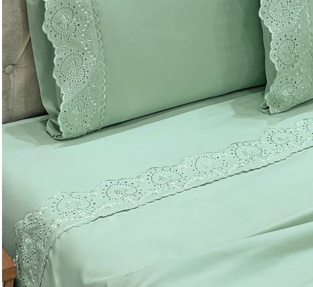 Jogo Cama Percal 300 Fios C/ Bordado Inglês Núpcias Casal 04 Peças - Malva
